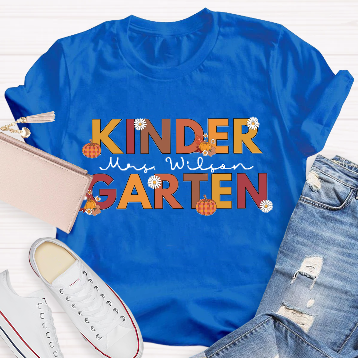 Personalized Name Fall Thanksgiving Kindergarten Teacher T-Shirt