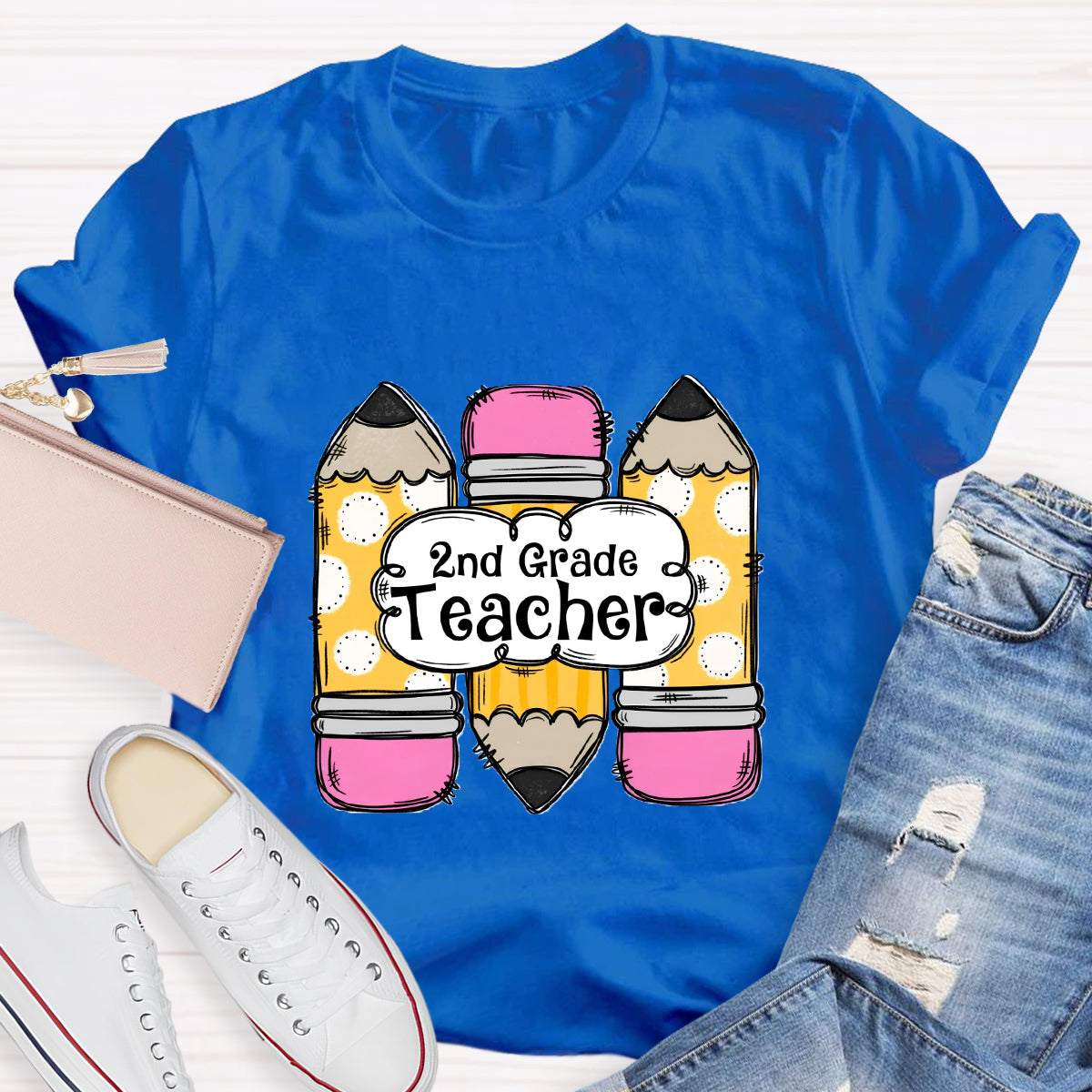Personalized Grade Pink Pencil Printed 2nd Grade Teacher T-Shirt