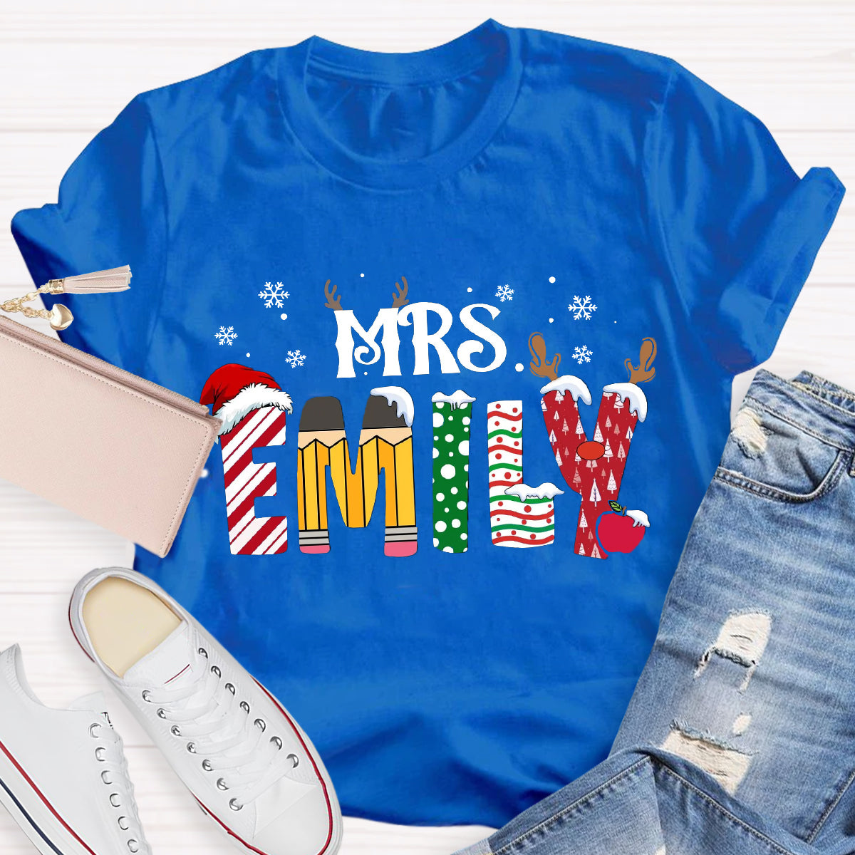 Personalized Name Christmas Teacher Emily T-Shirt