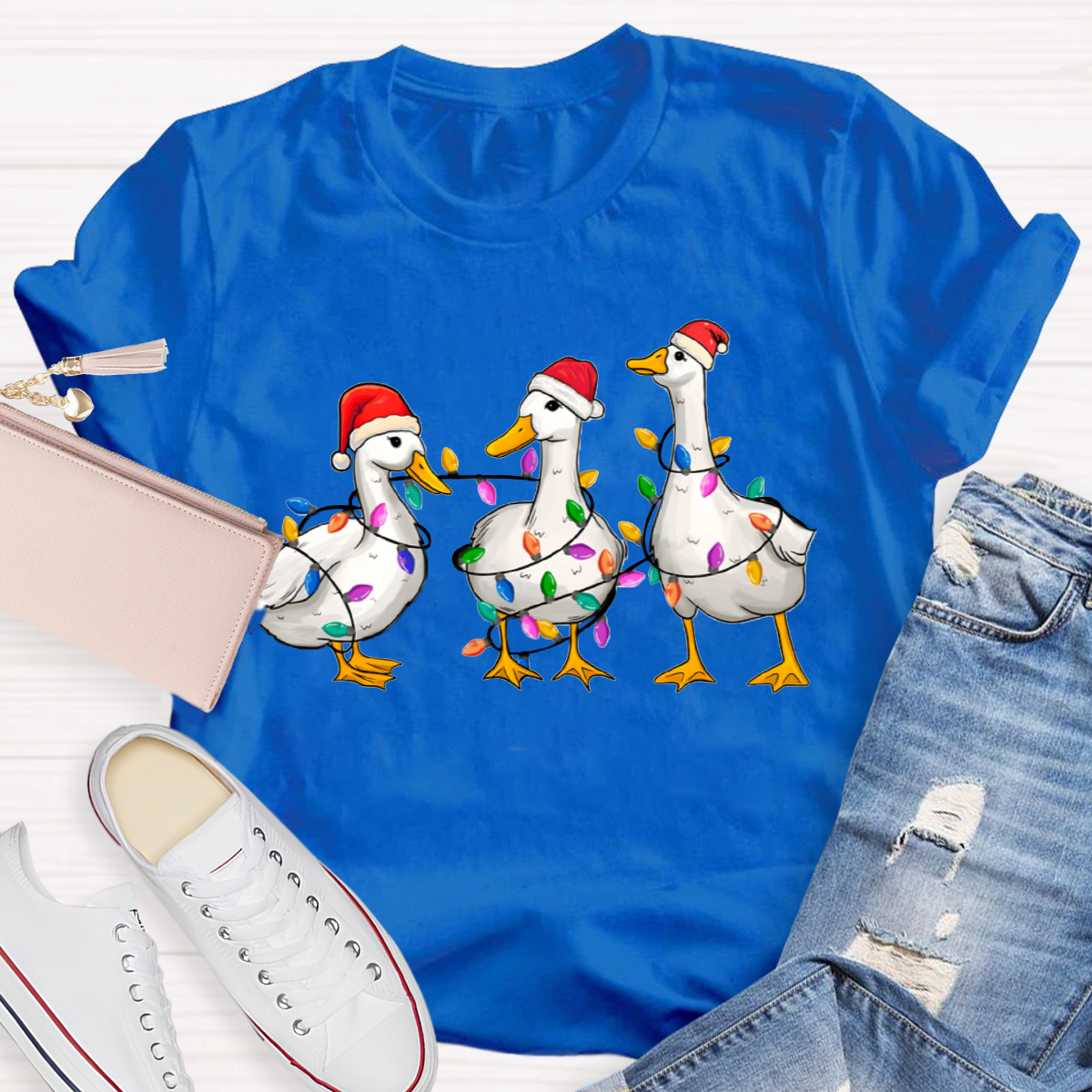 Christmas Ducks With Colorful Lights Teacher T-Shirt