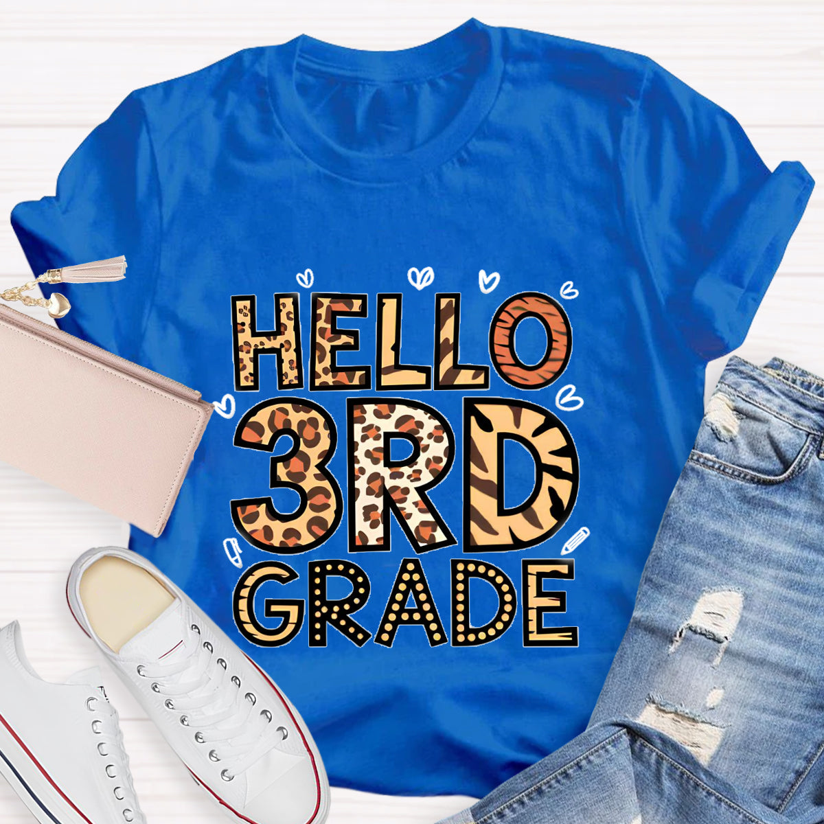 Personalized Grade Hello 3rd Grade Leopard Printed Teacher T-Shirt
