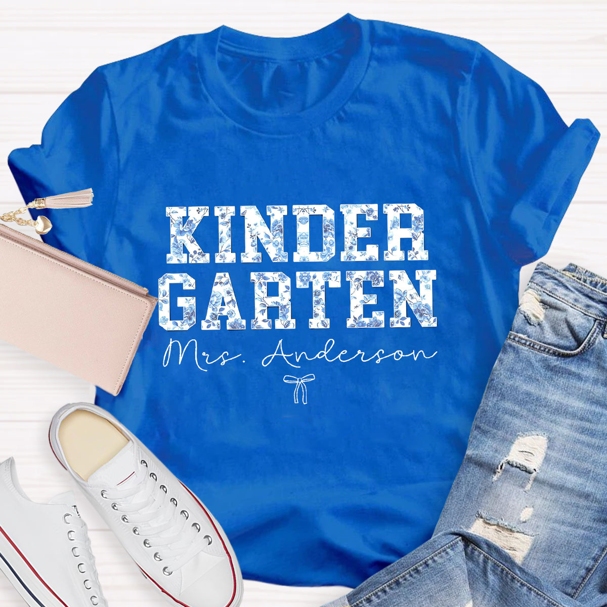 Personalized Kindergarten Teacher Name Blue Flower T-Shirt