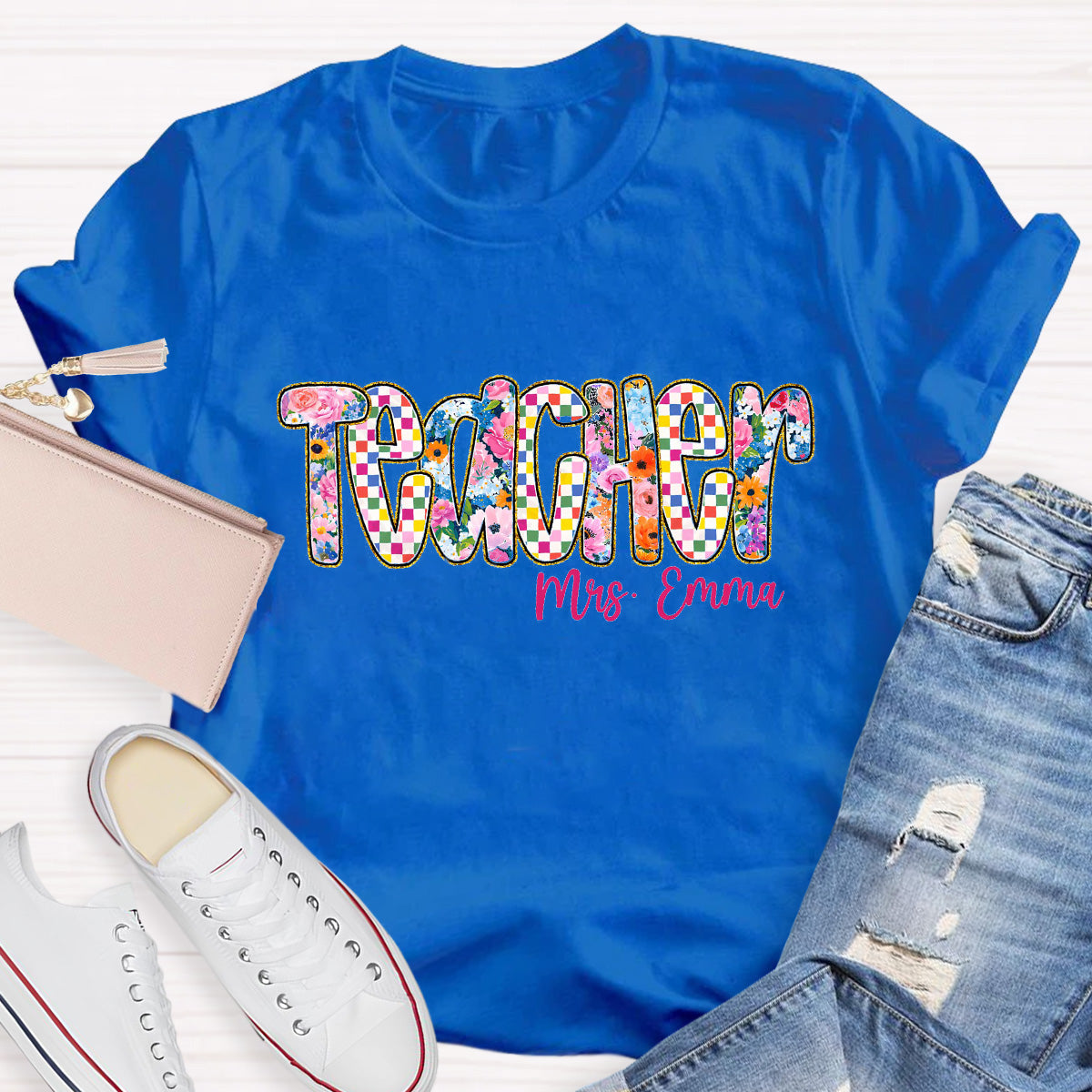 Personalized Name Pink Flowers  Teacher T-Shirt