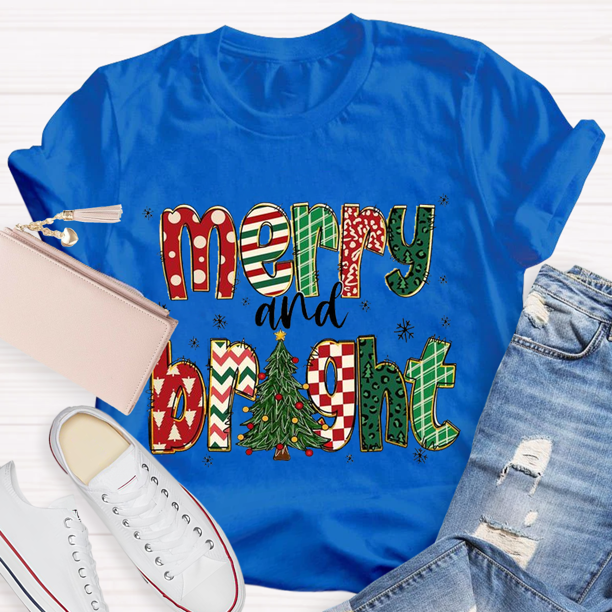 Merry and Bright Retro Christmas Tree Teacher T-Shirt