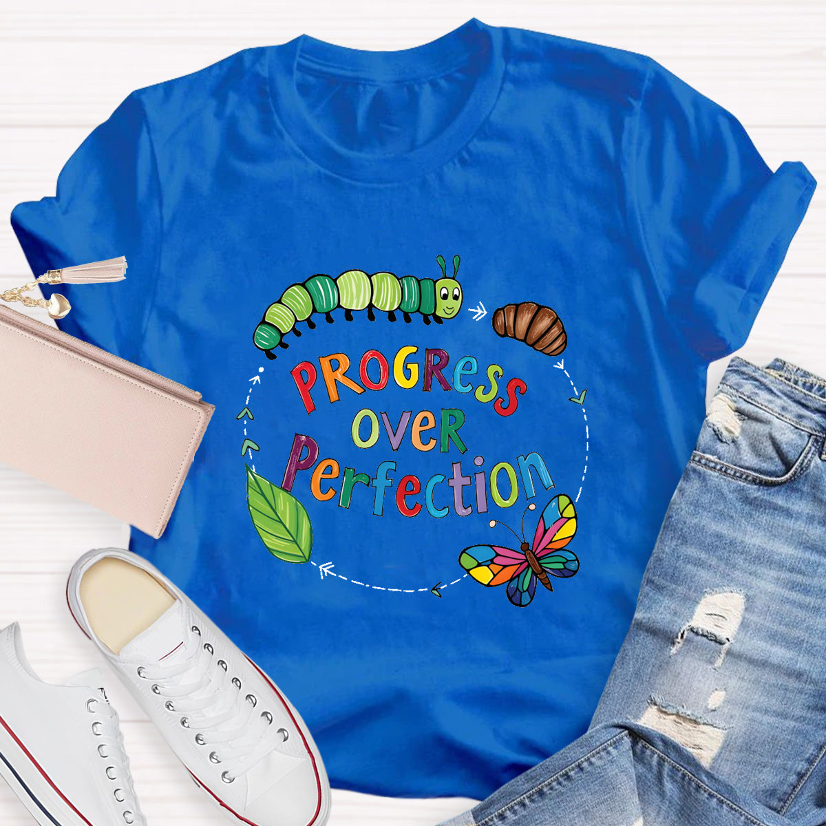 Progress Over Perfection Butterfly Teacher T-Shirt