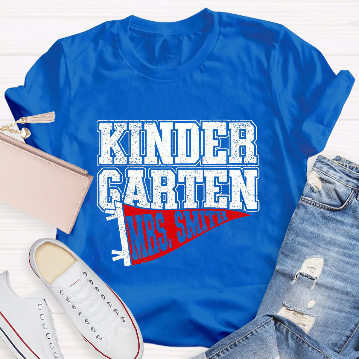 Personalized Grade And Name Flag Shaped Print Teacher T-Shirt