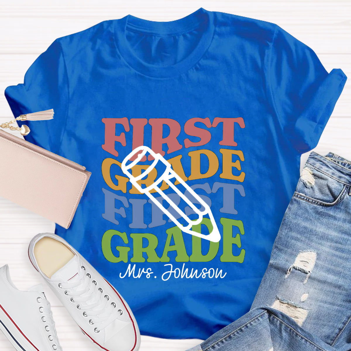 Personalized Teacher Grade And Name Pencil Back To School T-Shirt