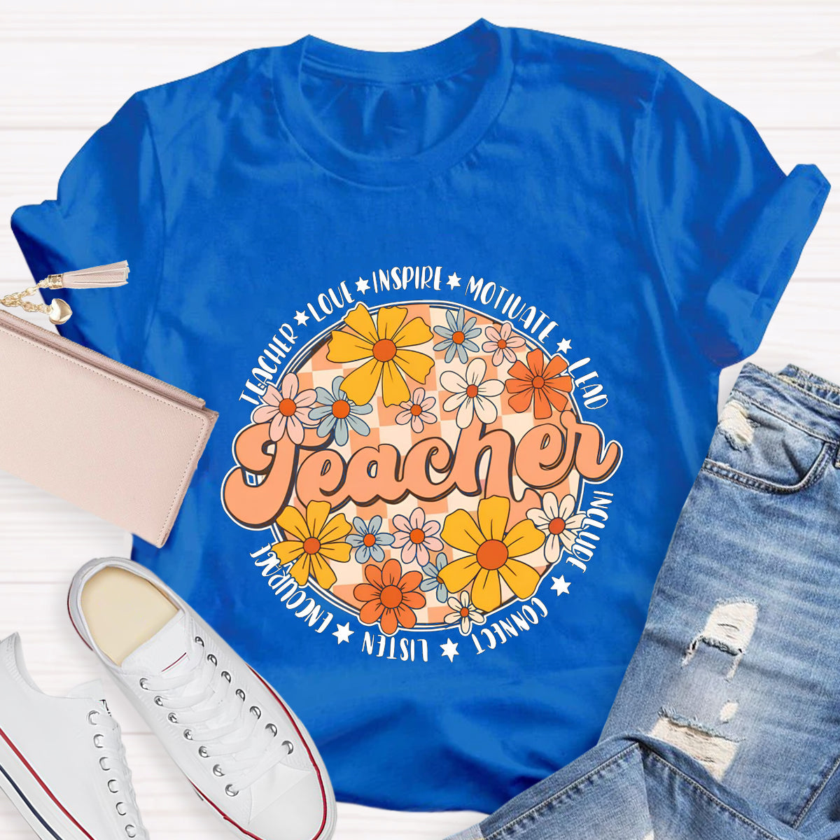 Love Motivate Inspire Floral Teacher T-Shirt