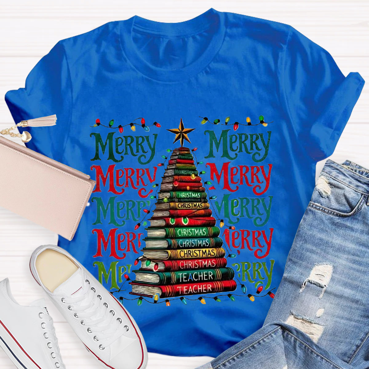 Merry Christmas Book Tree Teacher T-Shirt