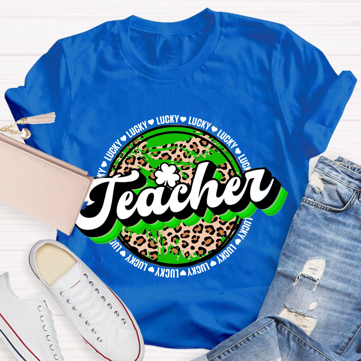 St. Patrick's Day Lucky Leopard Shamrock Teacher T-Shirt