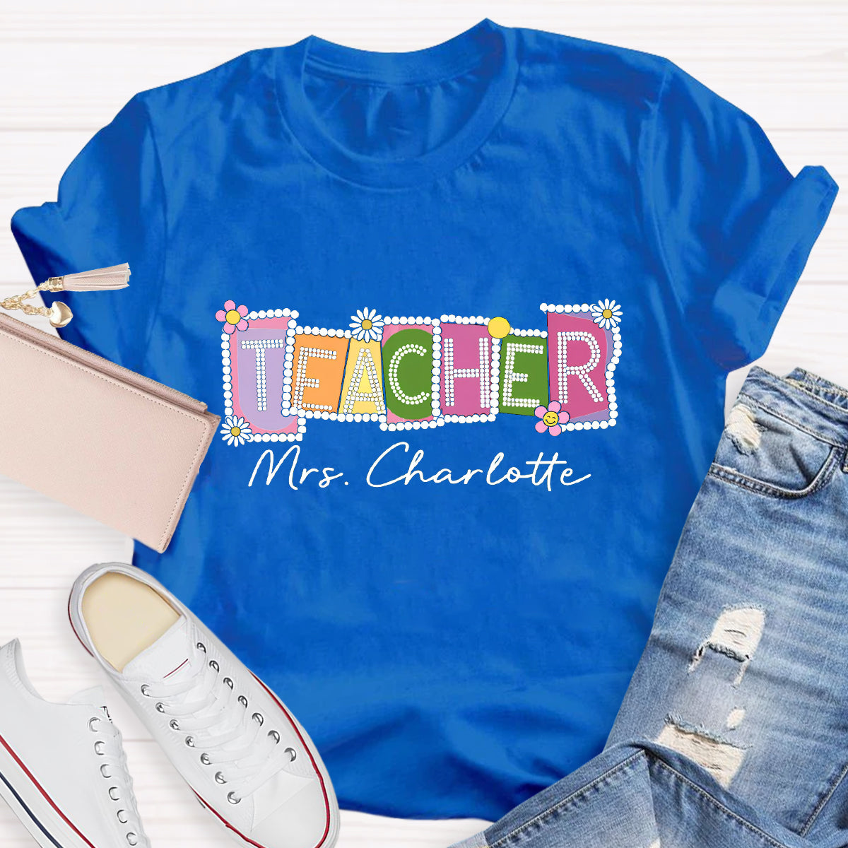 Personalized Teacher Name Contrasting Flowers T-Shirt