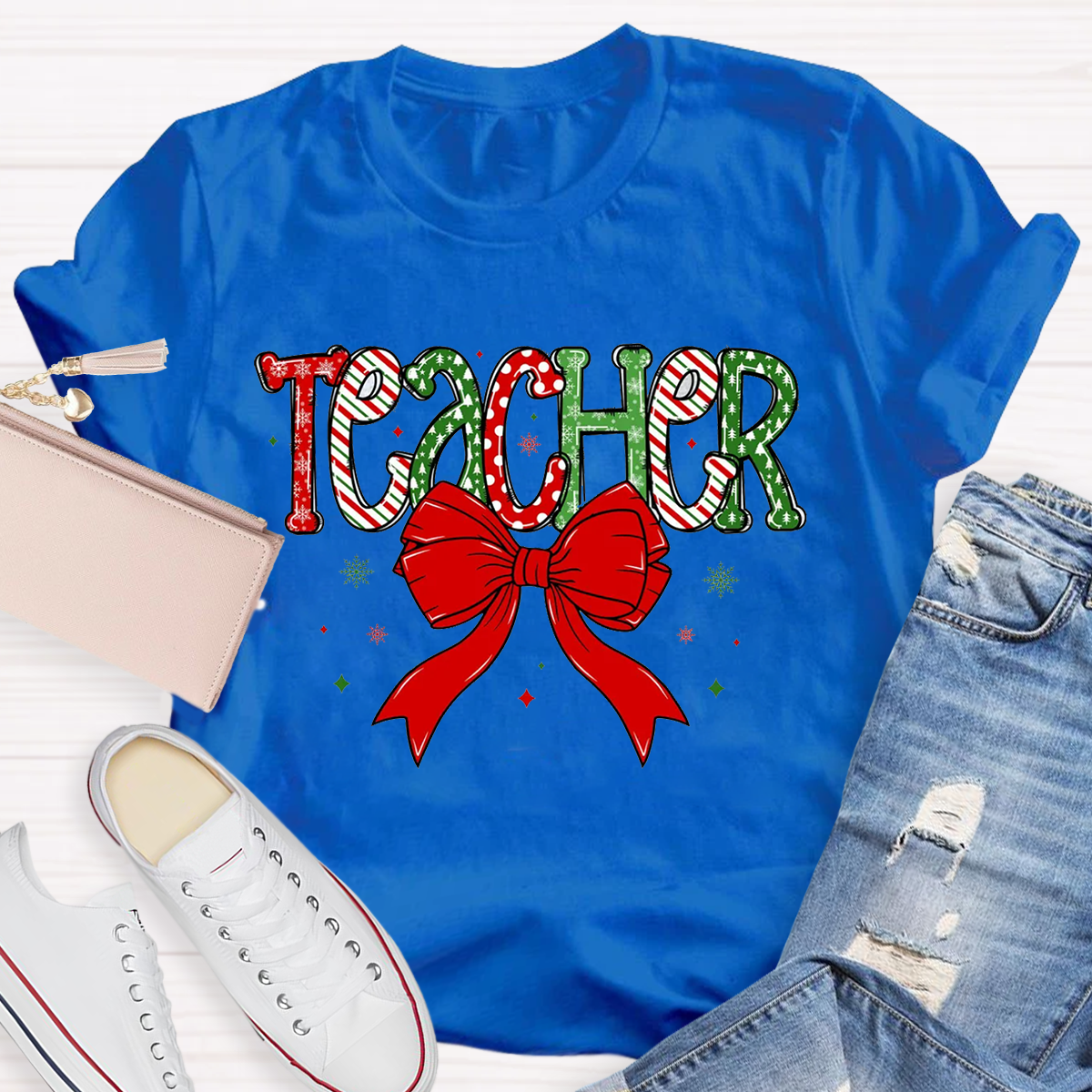 Christmas Bow Doodle Teacher T-Shirt