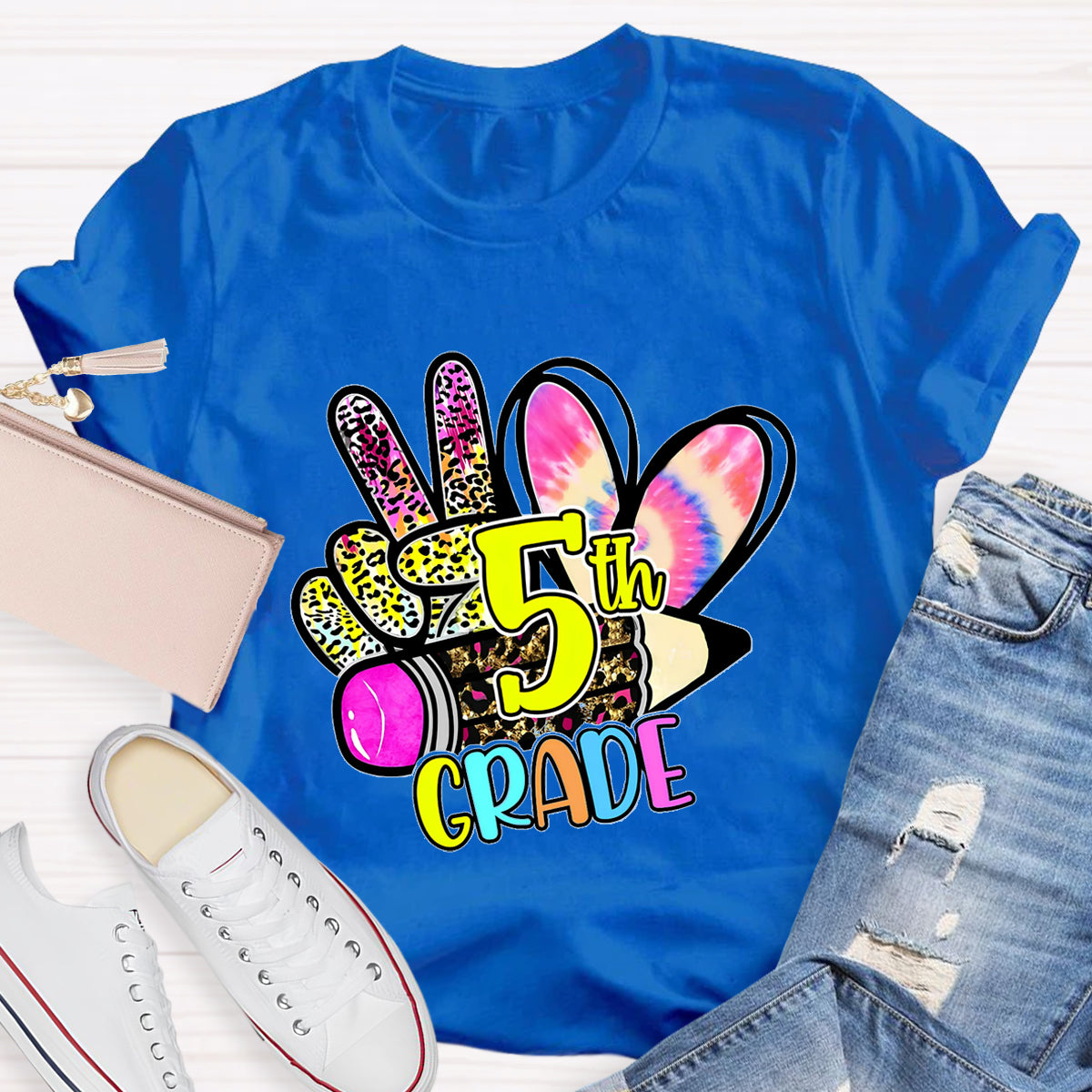 Personalized Grade Colorful  Leopard Heart  5th Grade Teacher T-Shirt