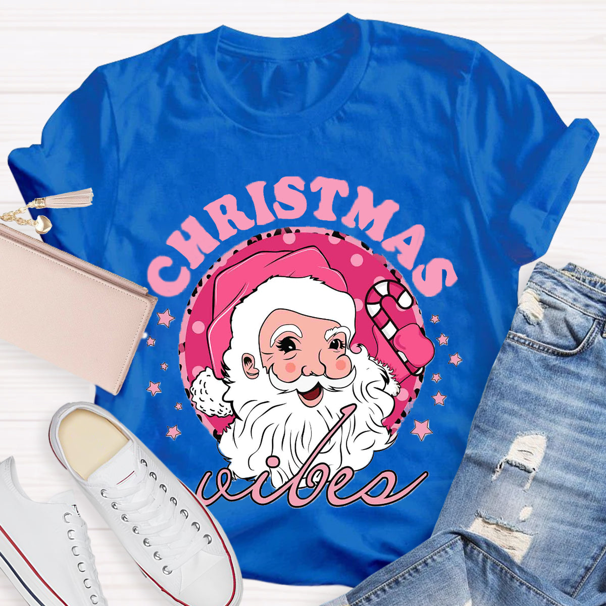 Christmas Vibes Pink Santa Claus T-Shirt