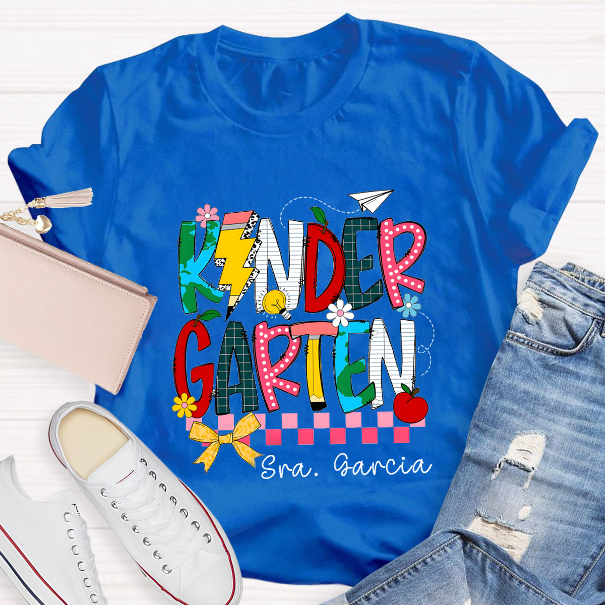 Personalized Grade And Name  Apple Pencil light Teacher T-Shirt