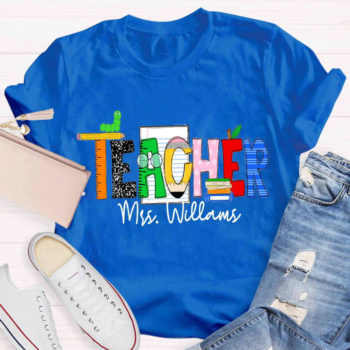 Personalized Teacher Name Caterpillar Exploring Knowledge Teacher T-Shirt