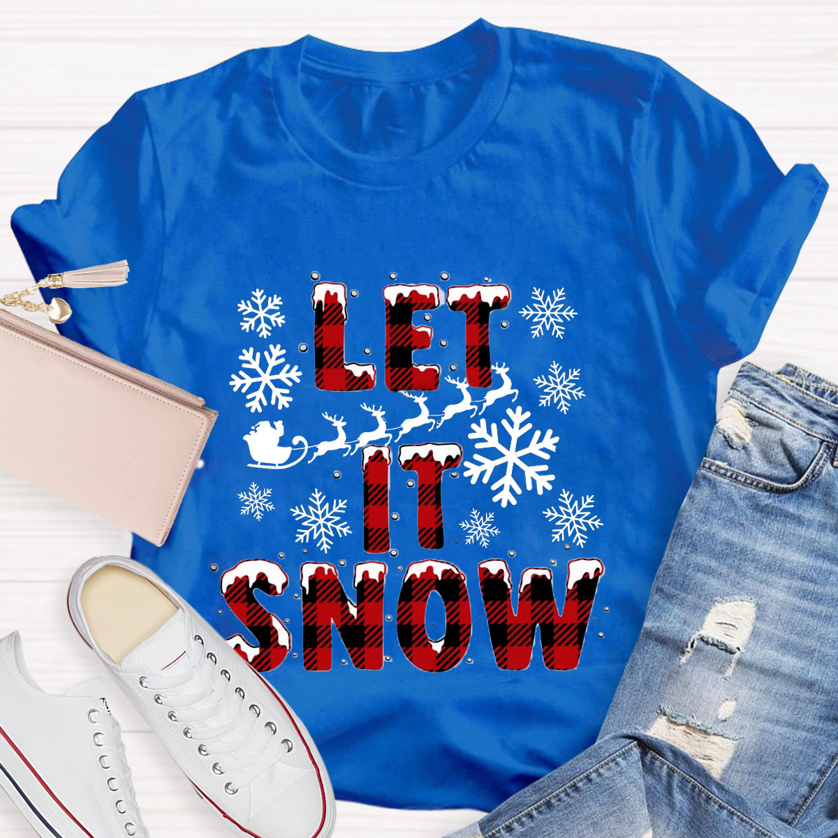 Let It Snow Red Plaid Teacher T-Shirt