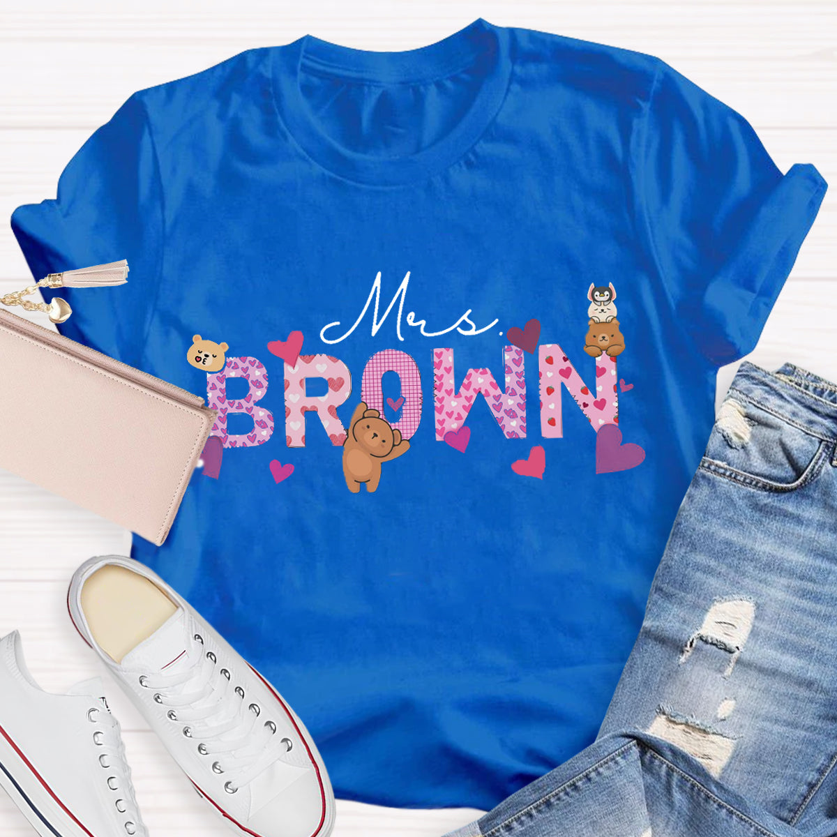 Personalized Name Pink Heart Teacher T-Shirt