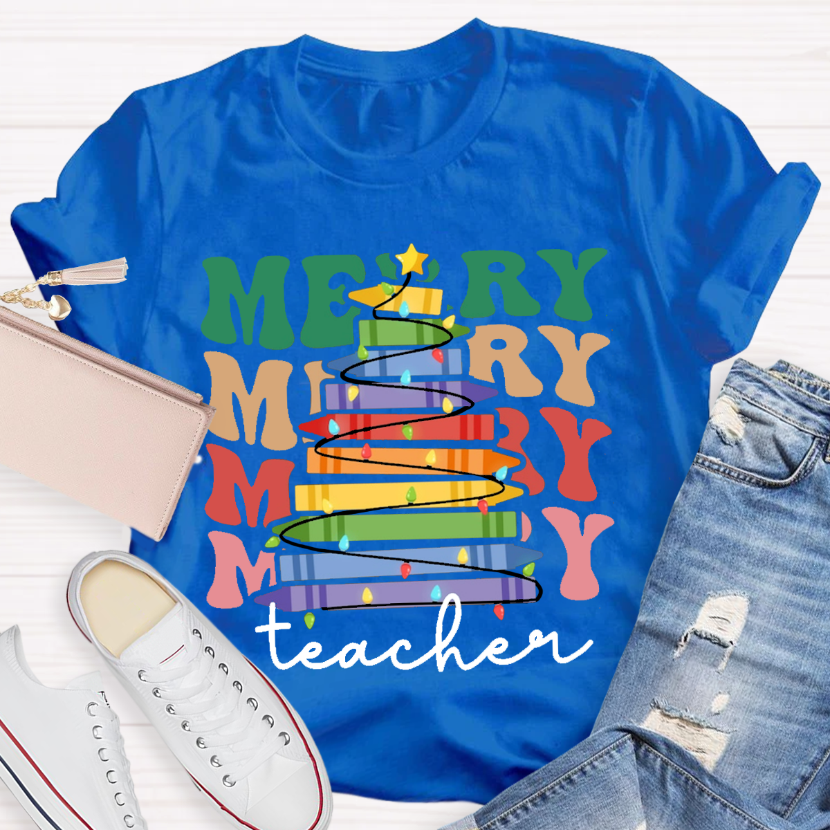 Crayon Christmas Tree Teacher T-Shirt