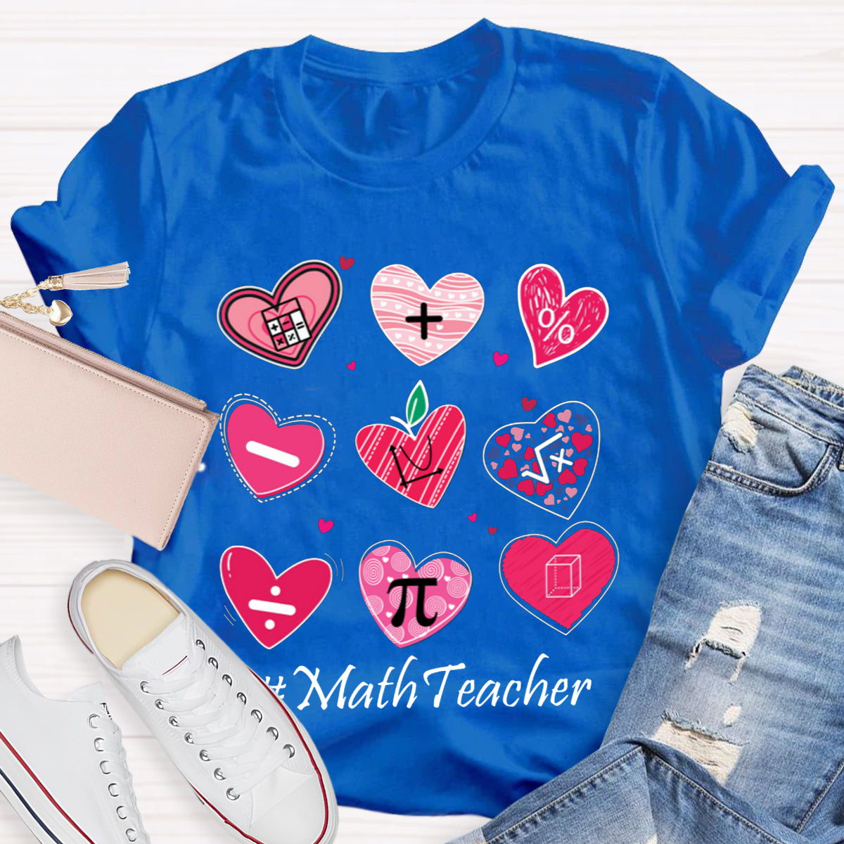 Pink Heart Math Symbols Teacher T-Shirt