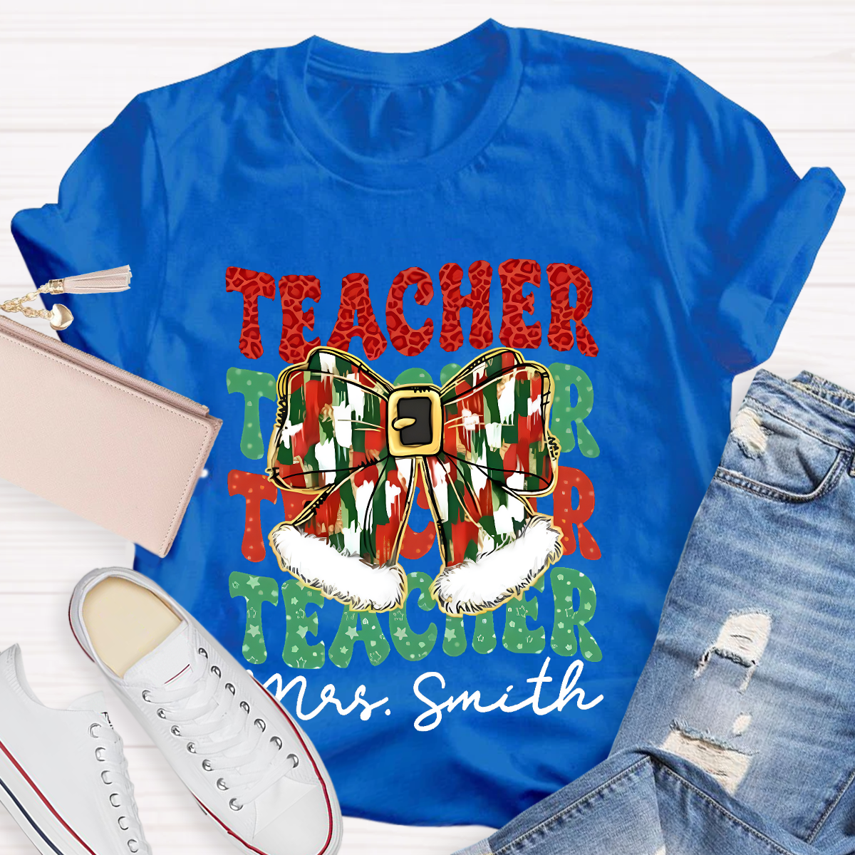 Personalized Name Bow Christmas Teacher T-Shirt