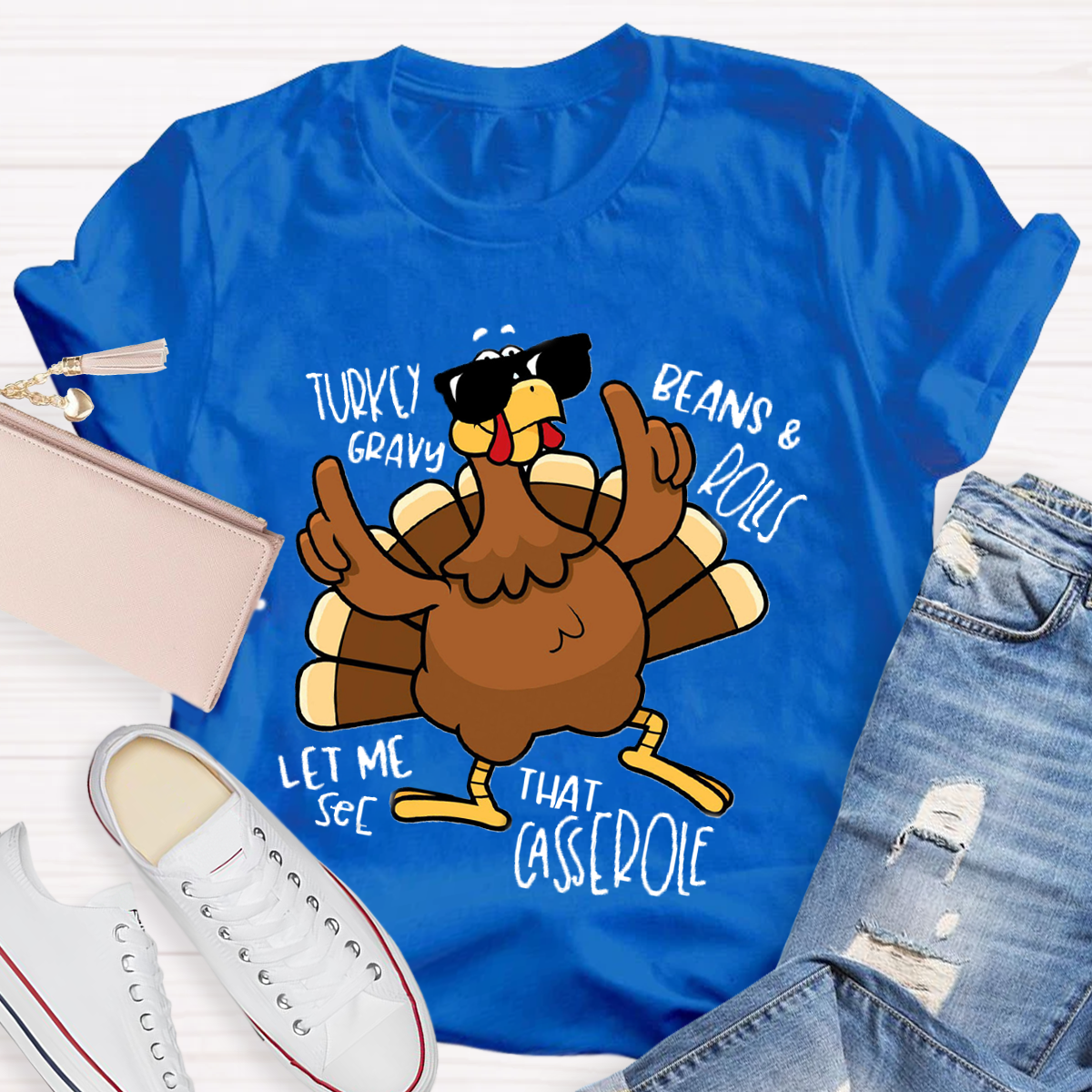 Turkey Gravy Beans Rolls Thanksgiving Teacher T-Shirt