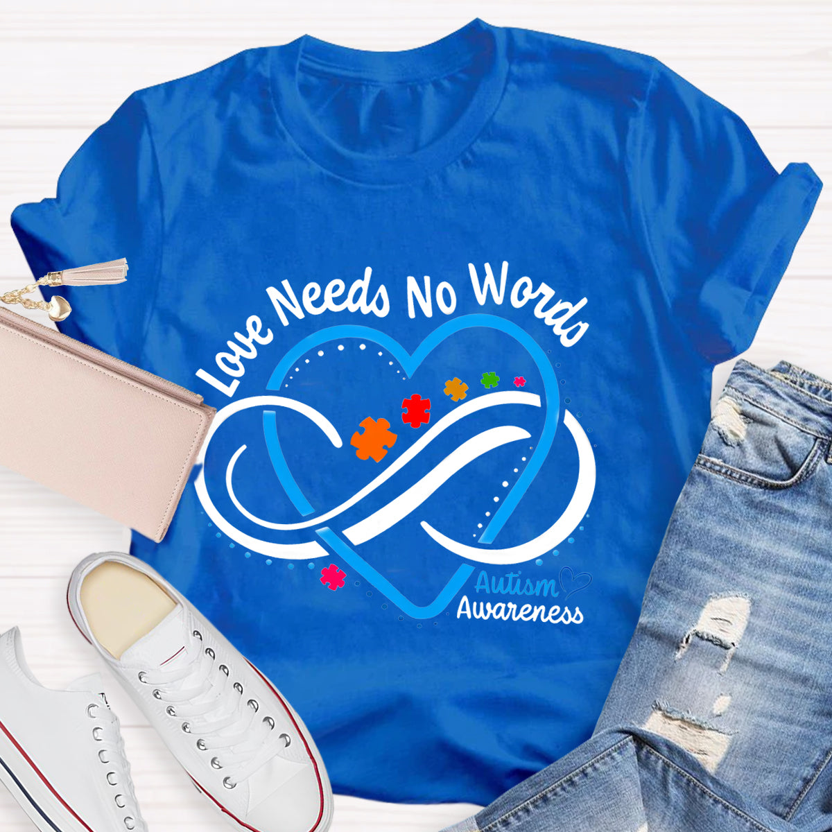 Love Needs No Words Autism Awareness Blue Heart Teacher T-Shirt