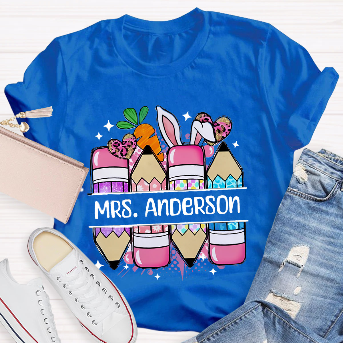 Personalized Name Cute Easter Pencils Teacher T-Shirt