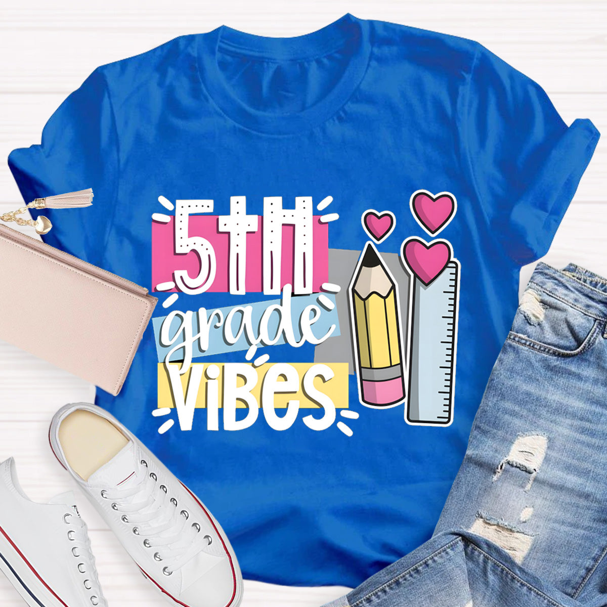Personalized Grade 5th Grade Vibes Teacher T-Shirt