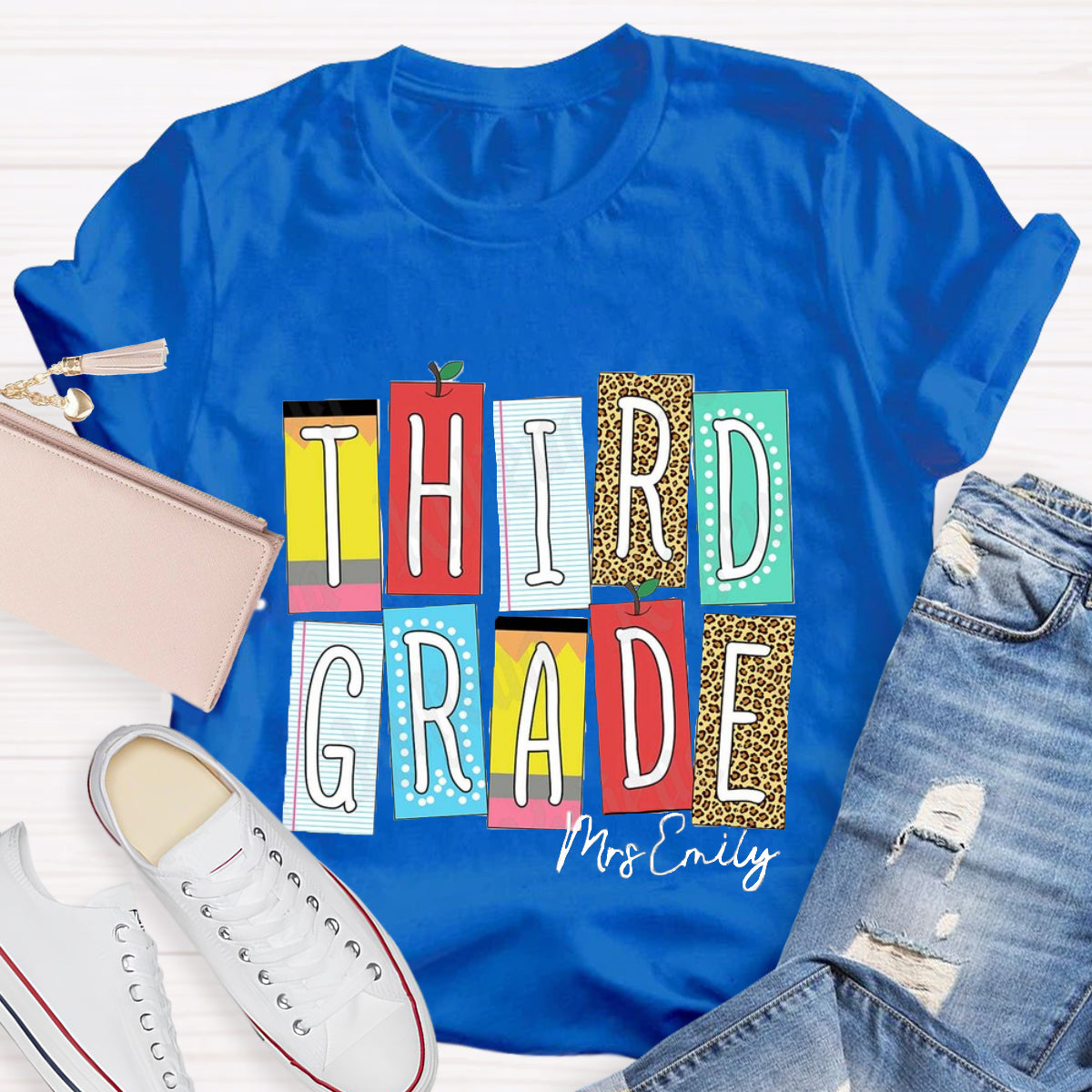 Personalized Grade And Name Leopard Color Block Teacher T-Shirt