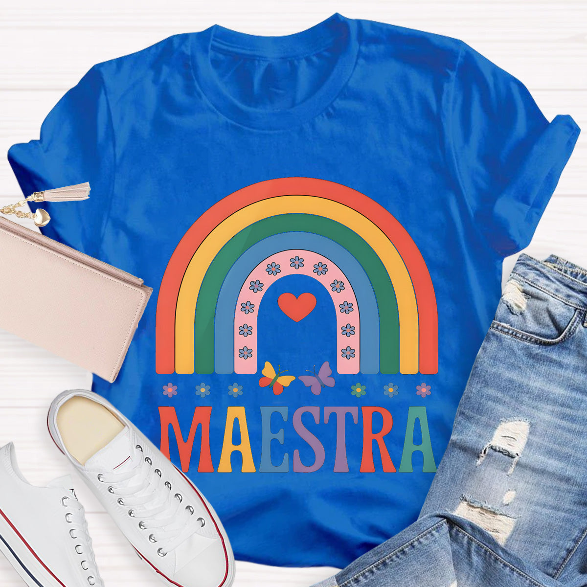Rainbow Butterfly Maestra Bilingual Teacher T-Shirt
