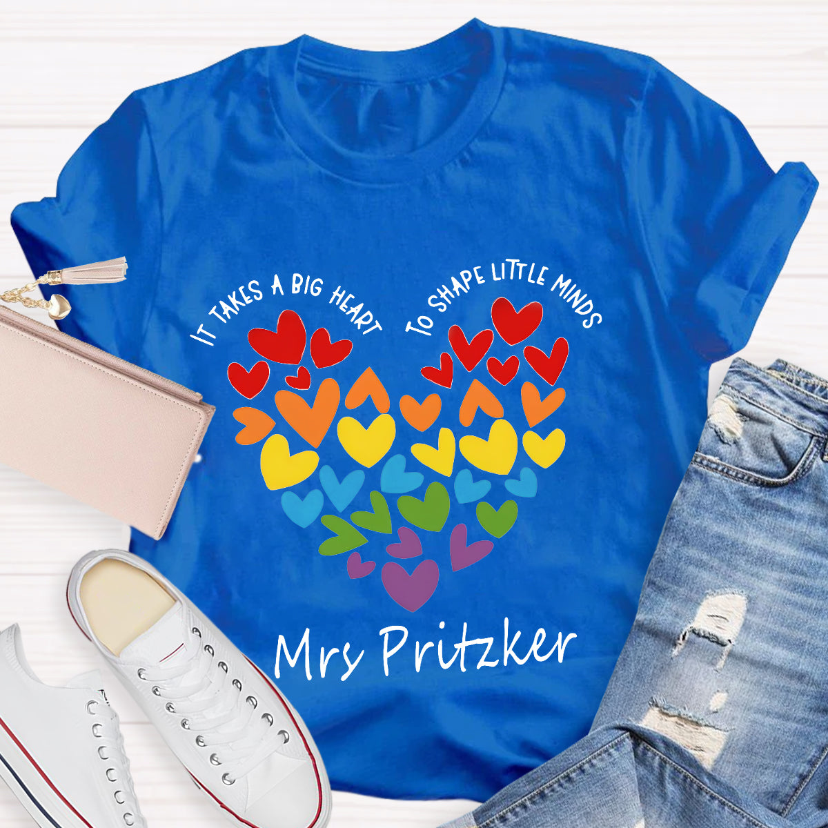 Personalized Name It Takes A Big Heart To Shape Little Minds Teacher T-Shirt