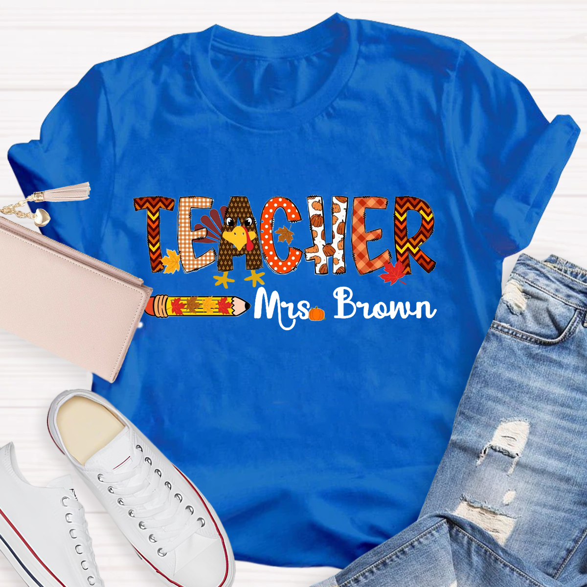 Personalized Name Thanksgiving Teacher T-Shirt