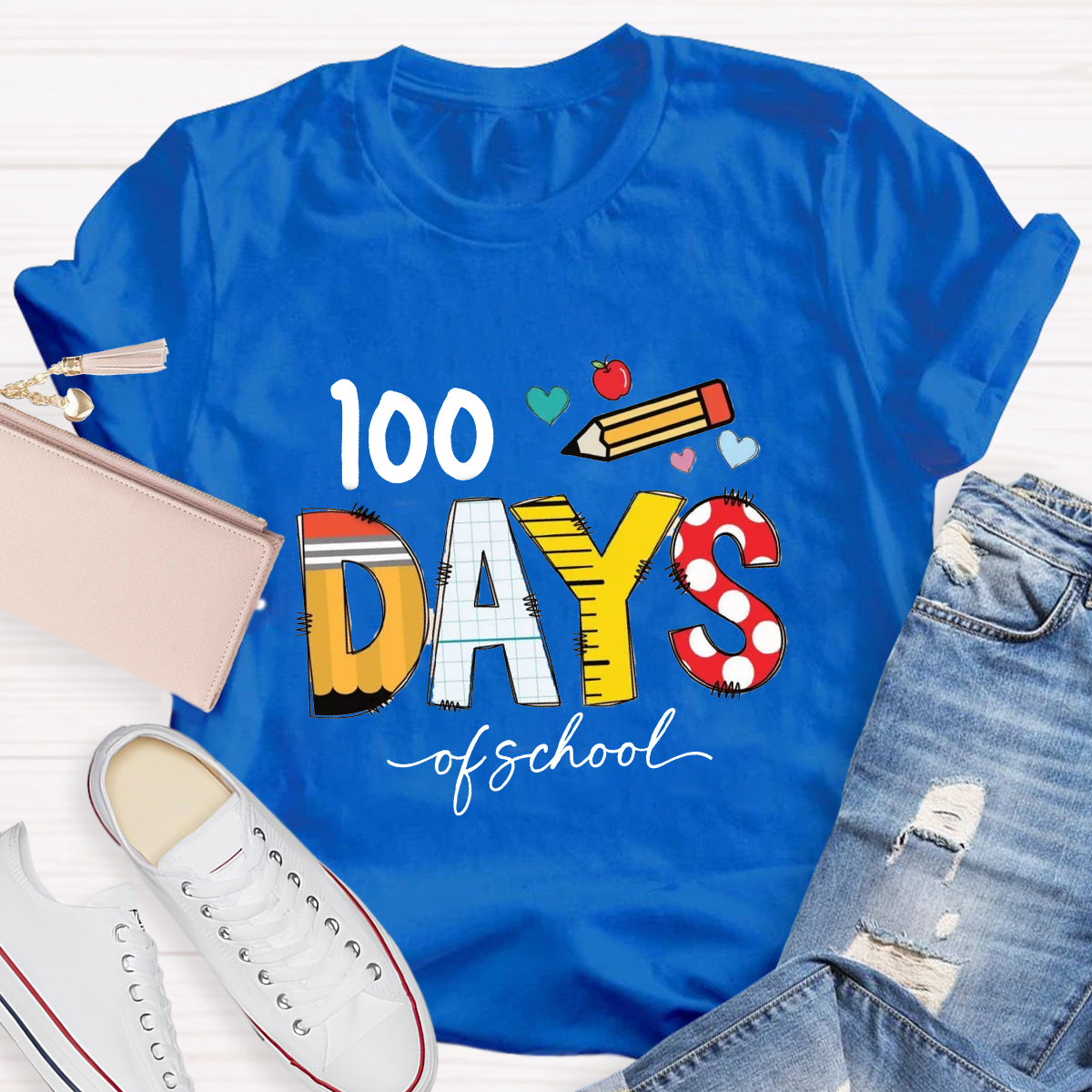 100 Days Of School Pencil Apple Teacher T-Shirt