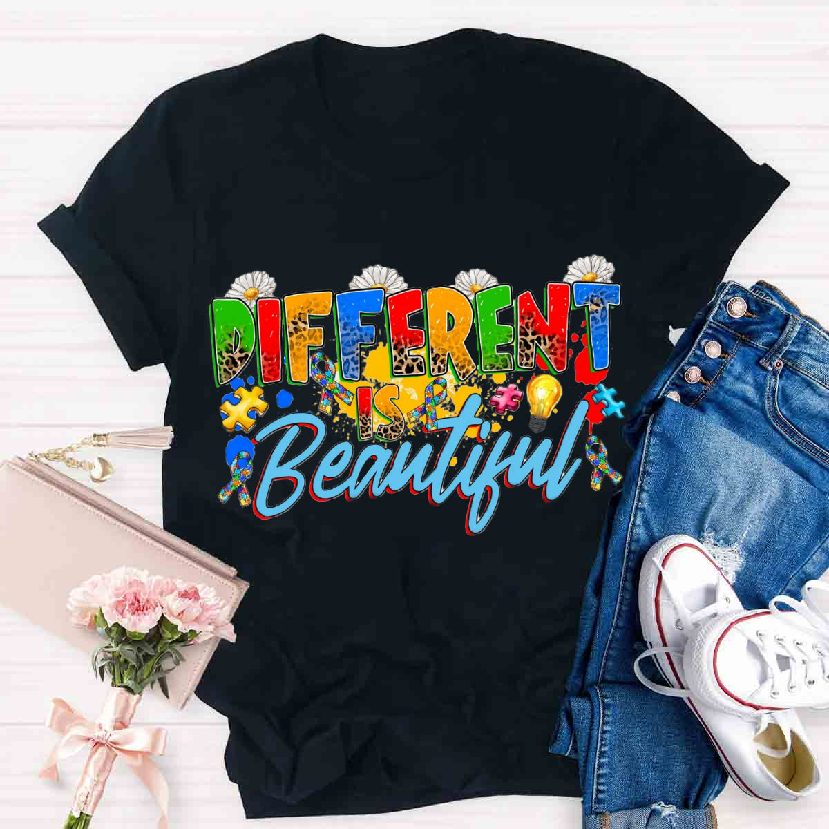 Different Is Beautiful Floral Teacher T-Shirt