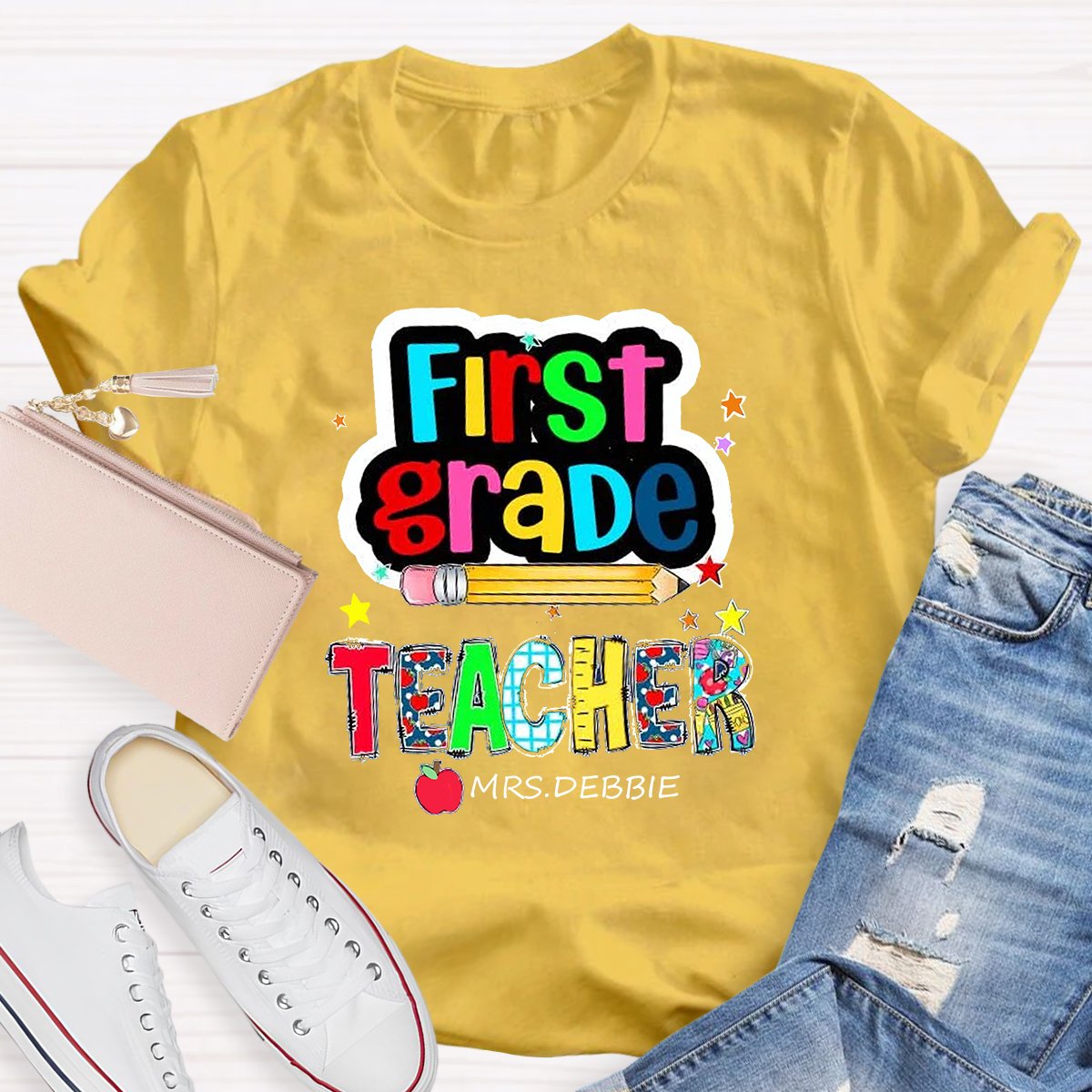 Personalized Grade And Name Color Pencil Stars Red Apple Teacher T-Shirt