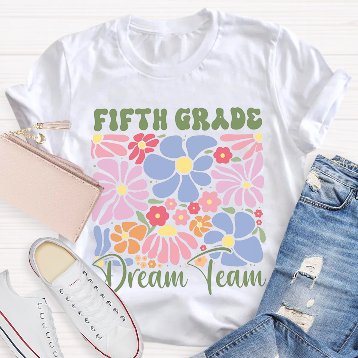 Personalized Grade Colorful Flowers Teachers T-Shirt