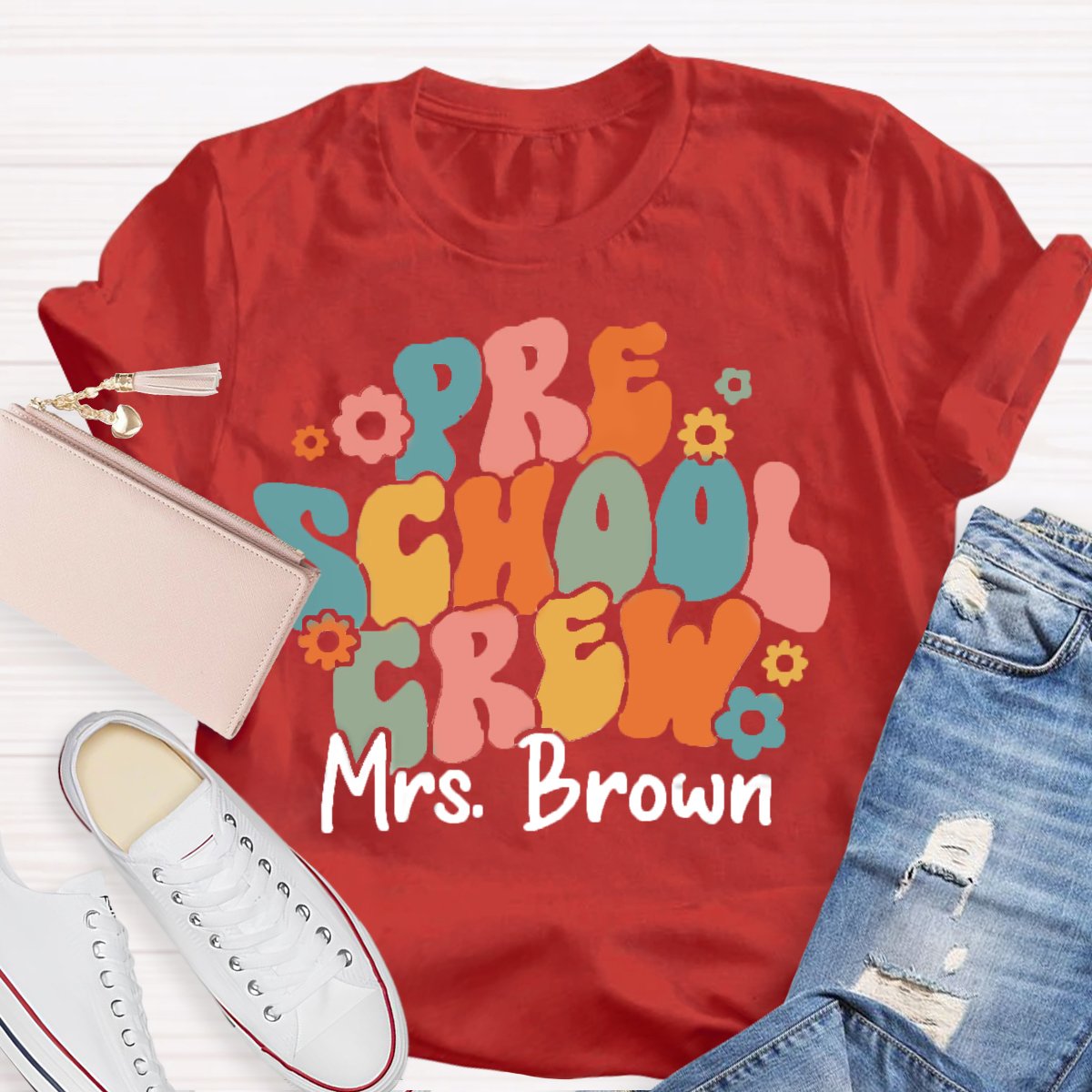 Personalized Name Preschool Teacher Crew T-Shirt