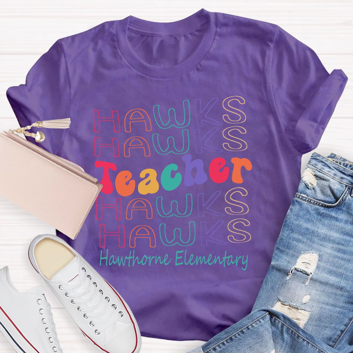 Personalized Mascot Colored Letters Teacher T-Shirt