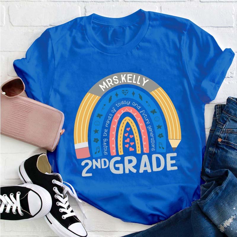 Personalized Name And Grade Pencil Rainbow Teacher T-Shirt