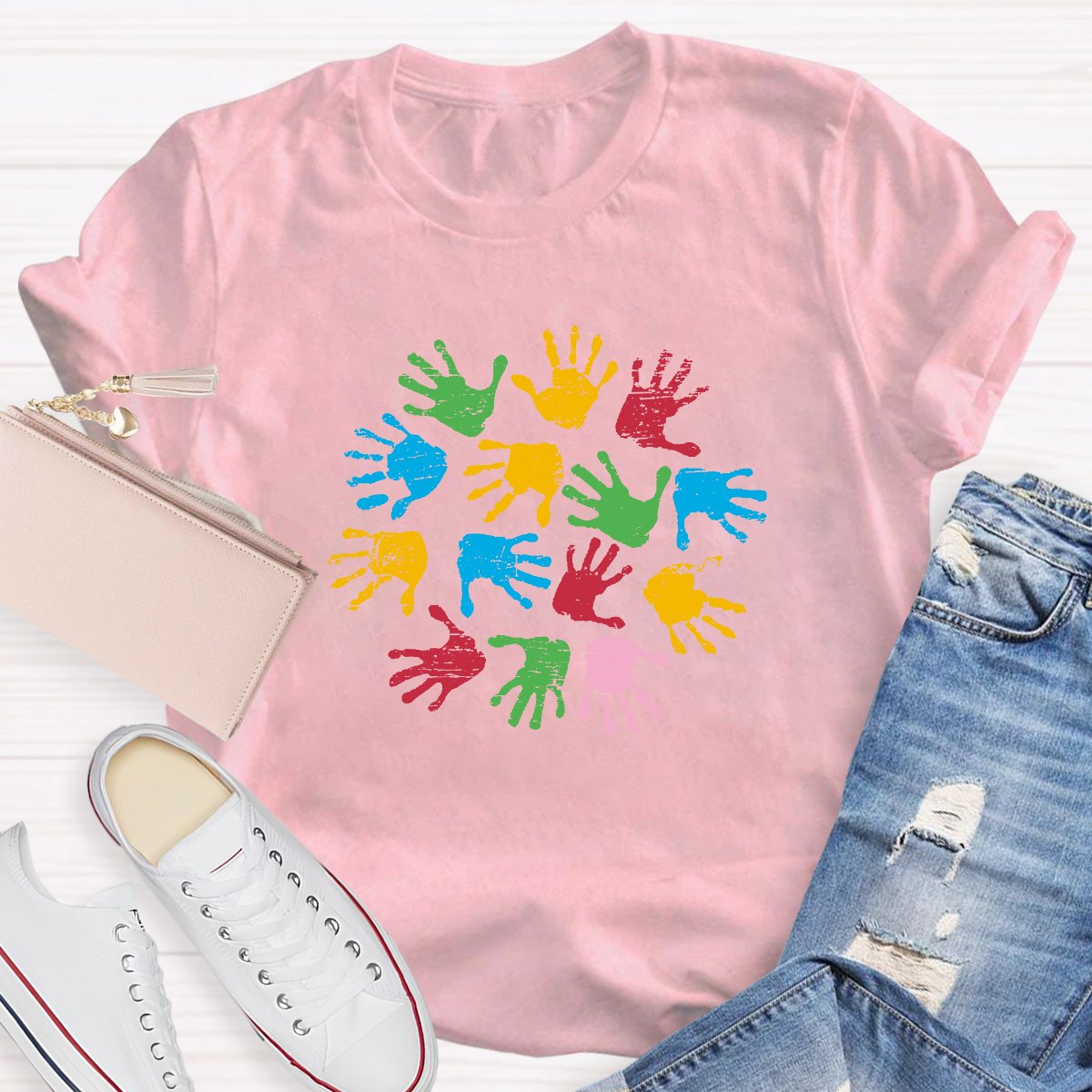 Colored Handprints Autism Awareness Teacher T-shirt