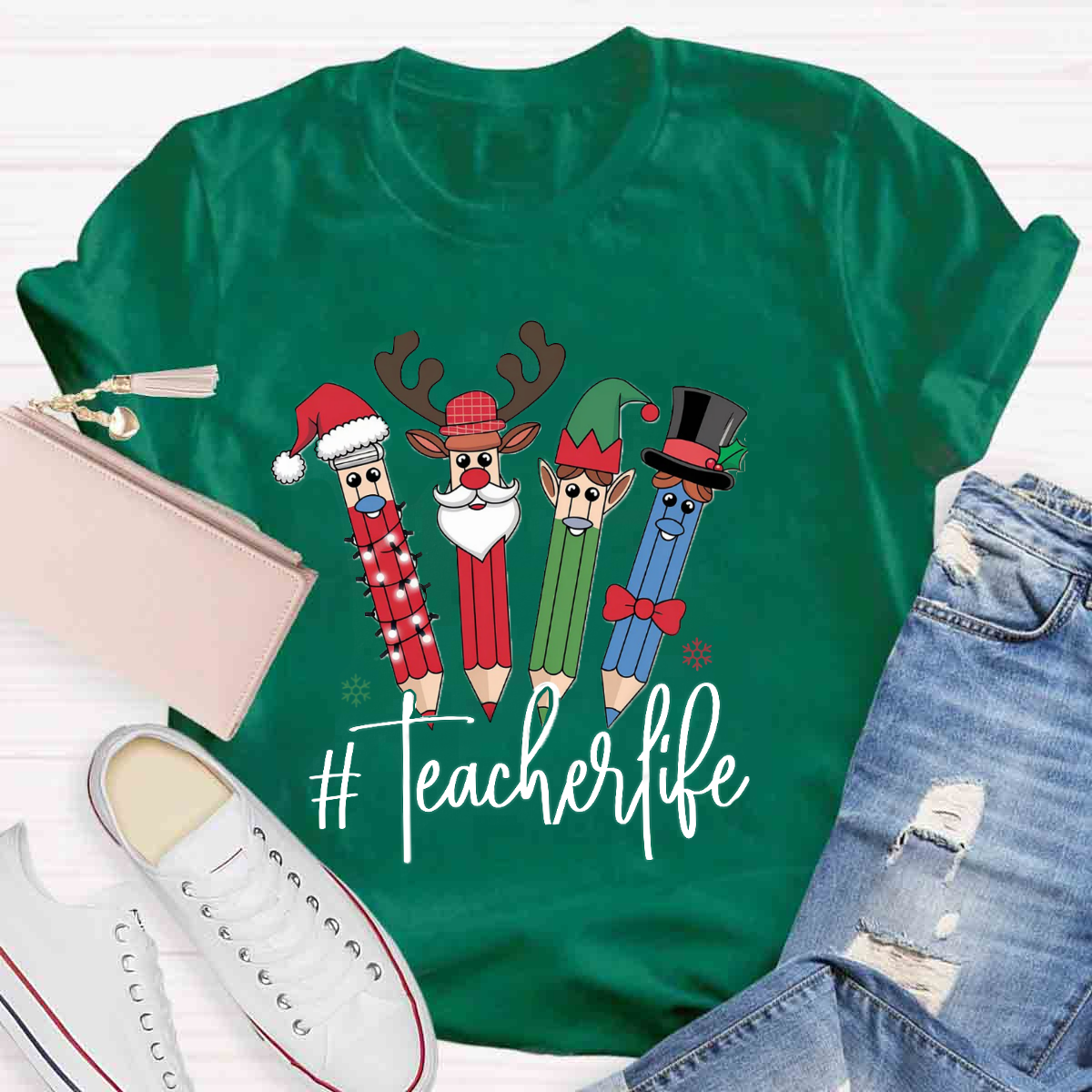 Teacher Life Christmas Pencil Print T-Shirt