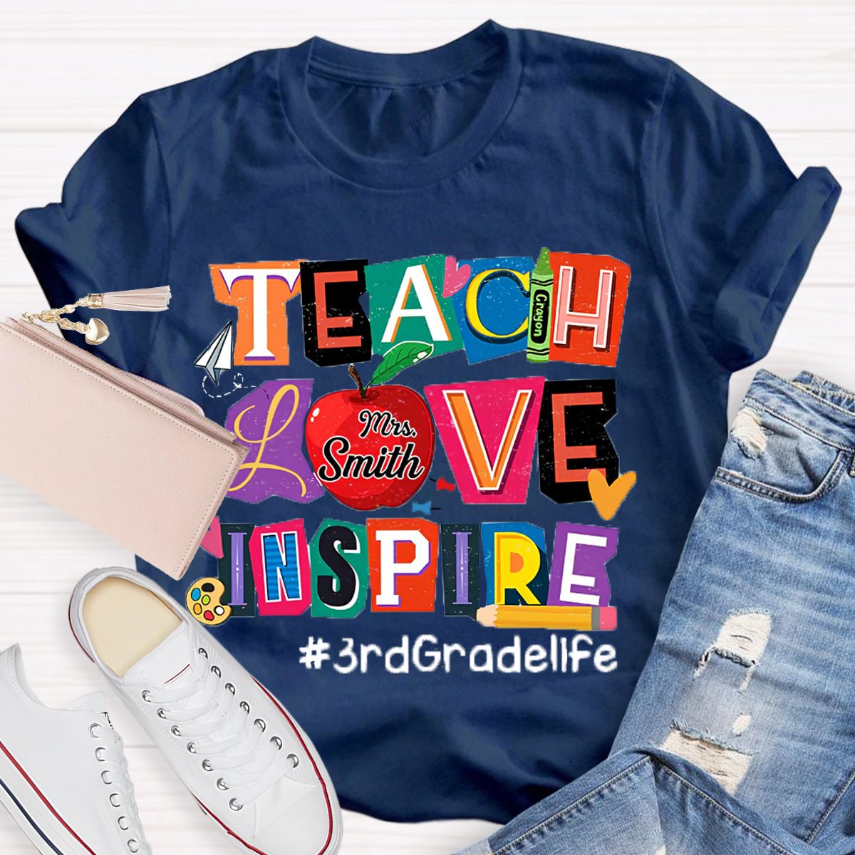 Personalized Name And Grade Teach Love Inspire Teacher T-Shirt