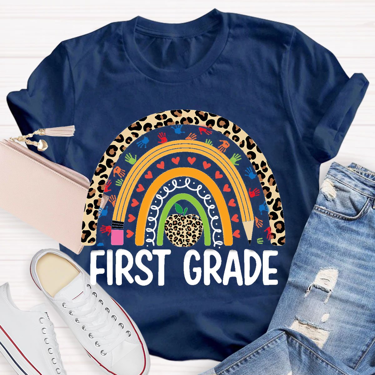 Personalized Design Teachers Grade Leopard Rainbow T-Shirt