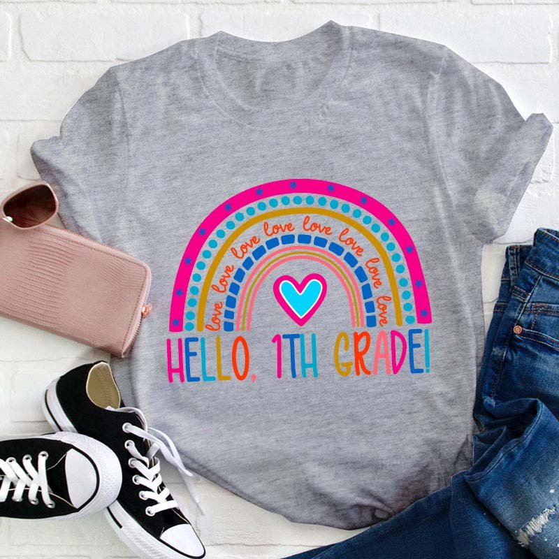 Personalized Grade Pink Rainbow Hello Love Teacher T-Shirt