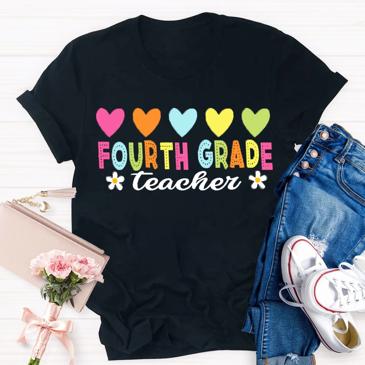 Personalized Grade Heart Print Teacher T-shirt