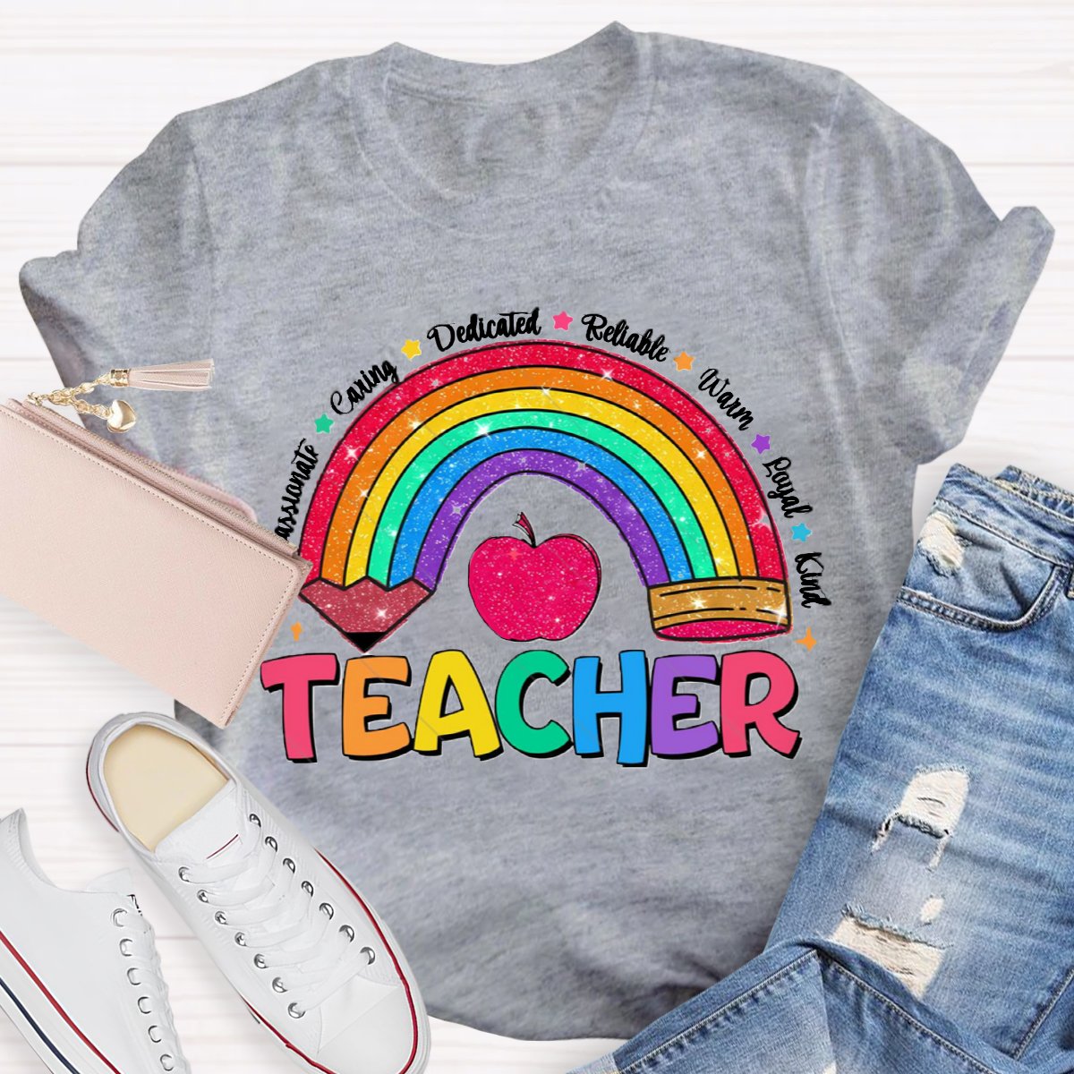 Glitter Teacher Rainbow Pencil Back To School T-Shirt