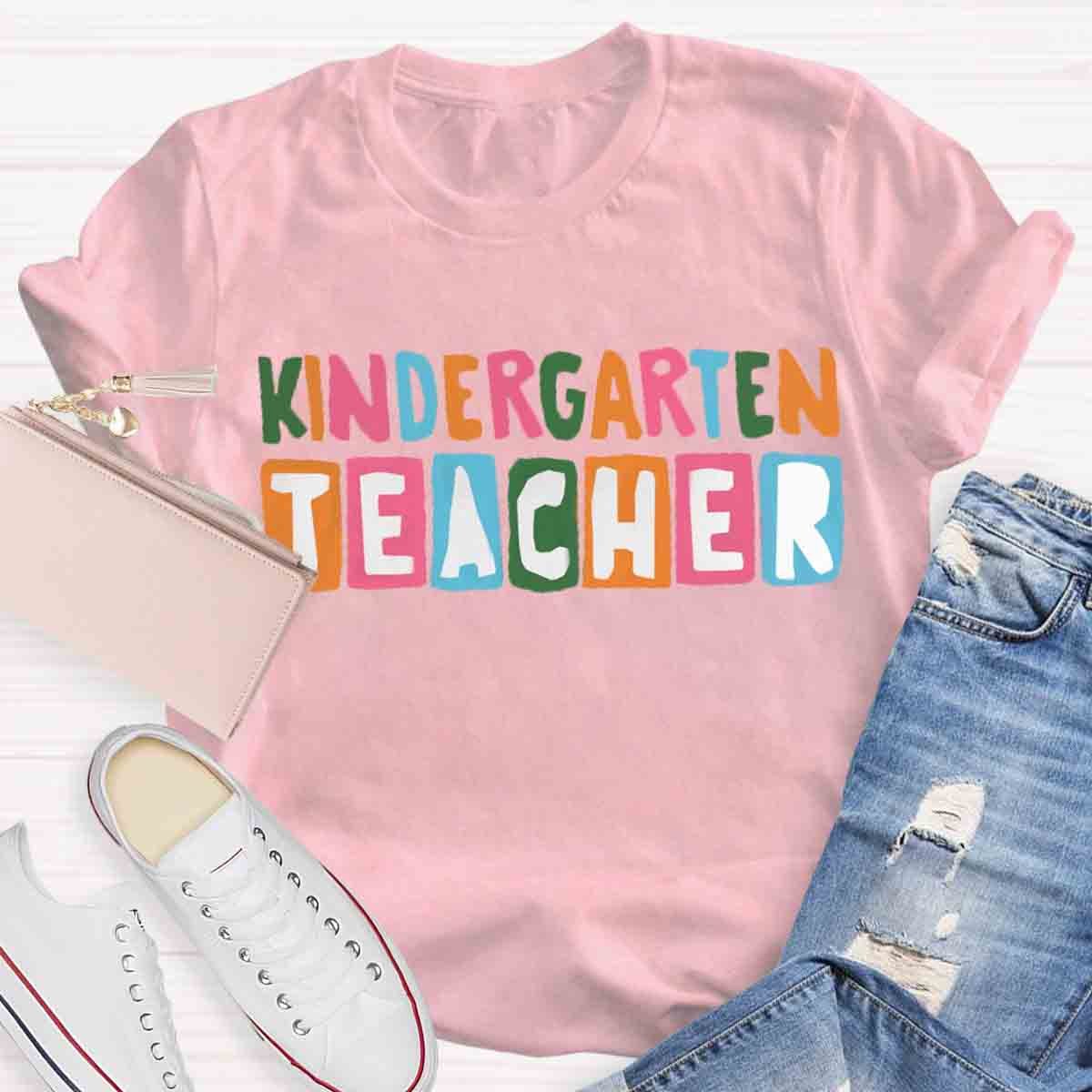 Personalized Grade Color Block Kindergarten Teacher Shirt