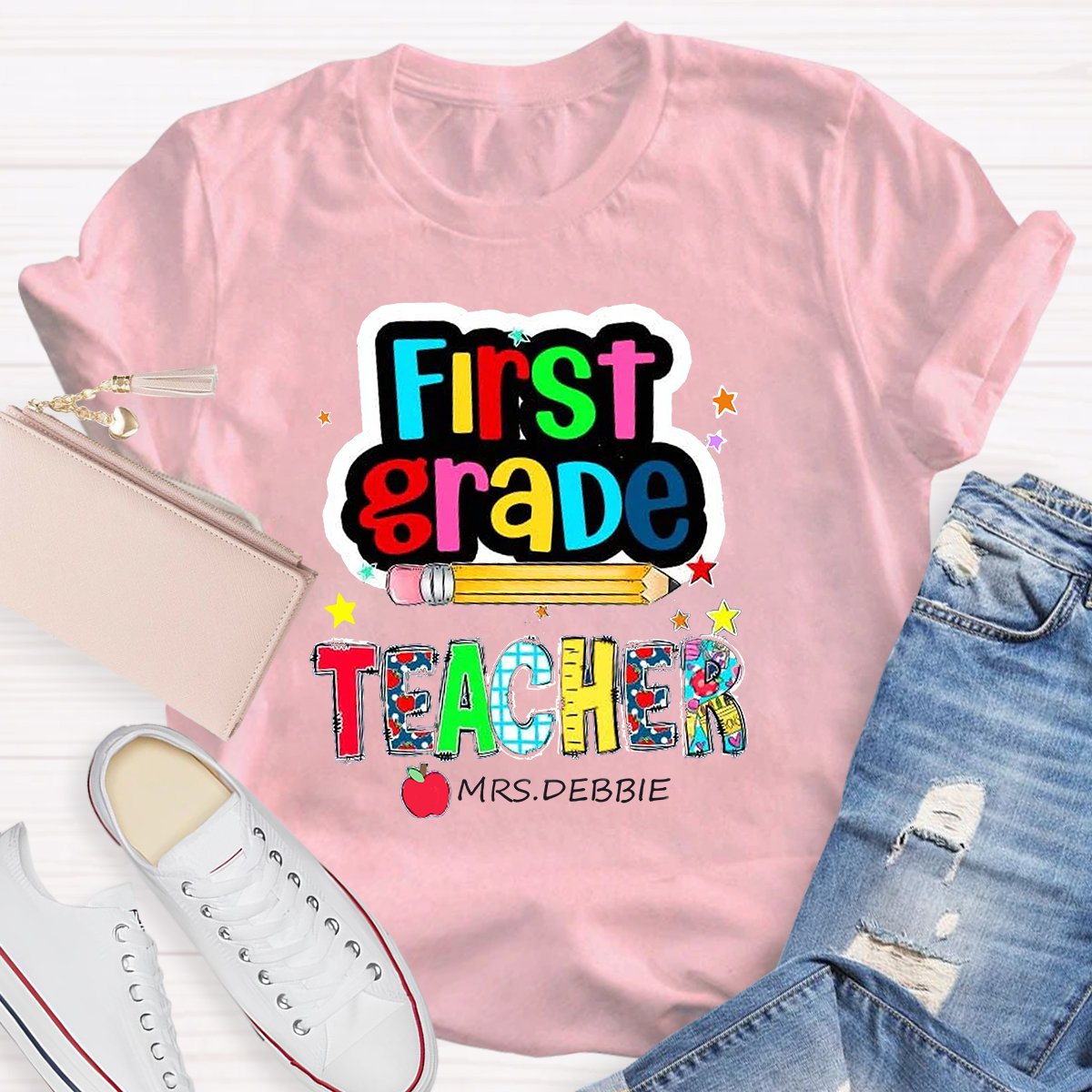 Personalized Grade And Name Color Pencil Stars Red Apple Teacher T-Shirt