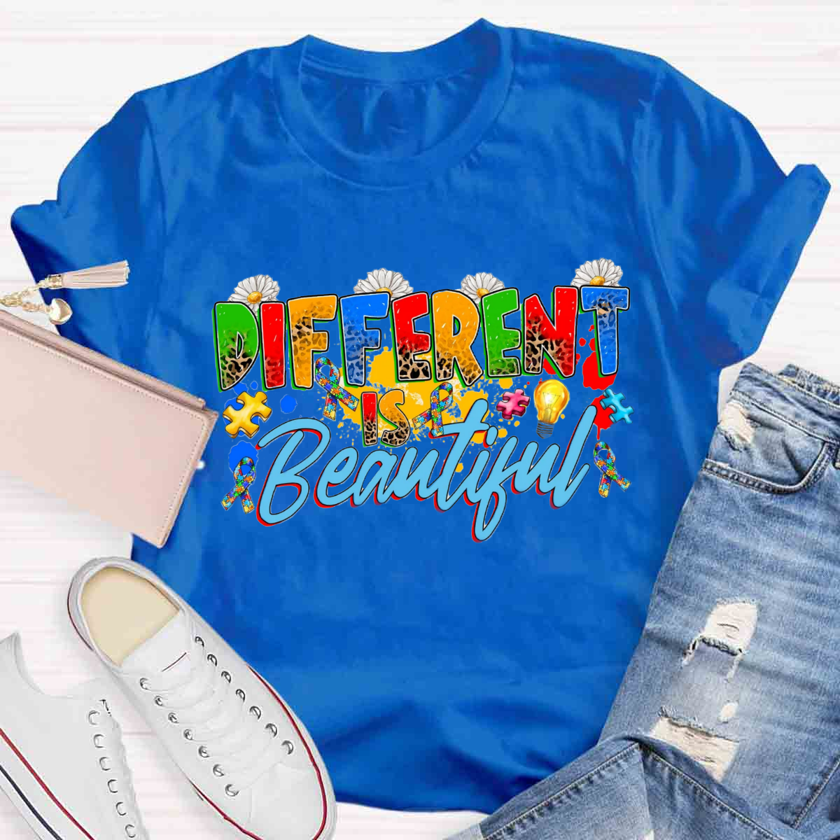 Different Is Beautiful Floral Teacher T-Shirt